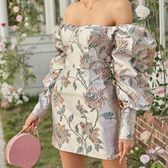 shein Gigot Oversized Sleeve Bustier Sweetheart Satin Dress Size: M - Picture 5 of 11